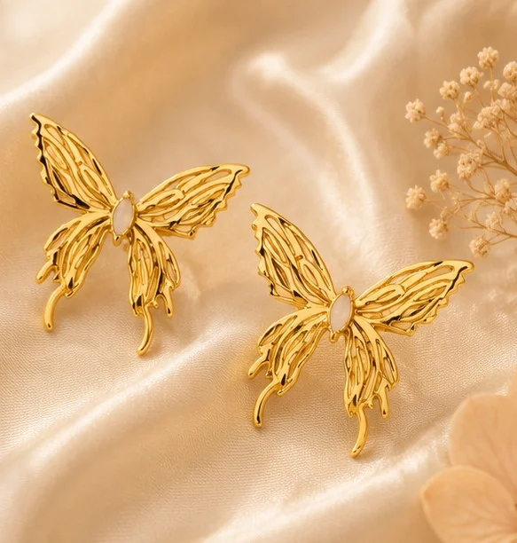 Gold Butterfly Stud Earrings with Stone