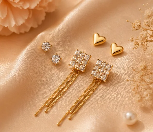 Gold CZ Tassel & Heart Stud 3pc Earring Set