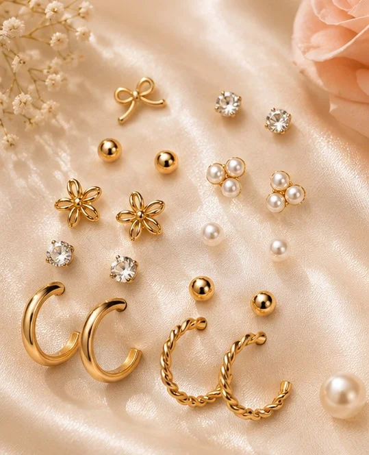 Gold Flower-Heart-Pearl-Hoop 9pc Stud Set