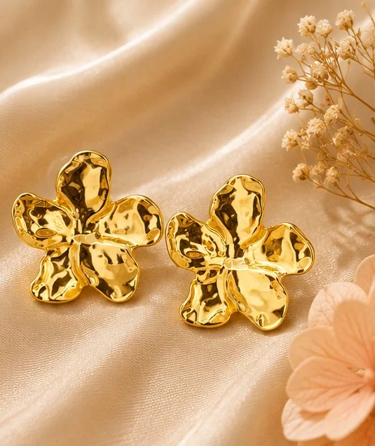 Gold Hammered Flower Stud Earrings