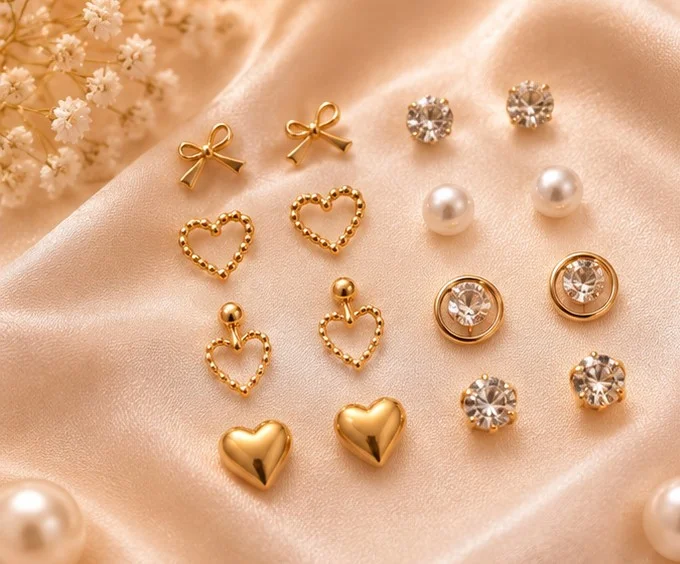 Gold Heart-Bow-Pearl-CZ 8pc Stud Set