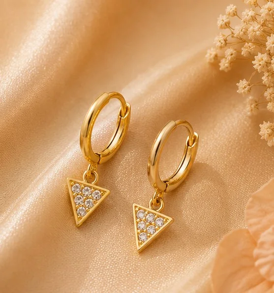 Gold Hoop CZ Triangle Charm Earrings