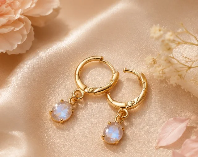 Gold Hoop Moonstone Crystal Drop Earrings