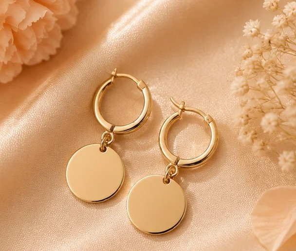 Gold Hoop Round Disc Charm Earrings
