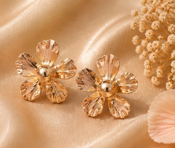 Gold Large Flower Stud Earrings