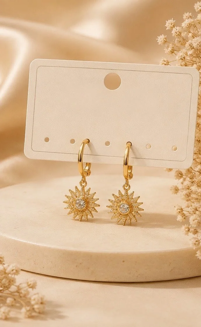Gold Sunburst Charm Huggie Hoop Earrings
