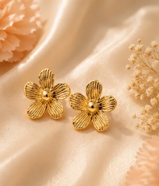 Gold Textured Flower Stud Earrings