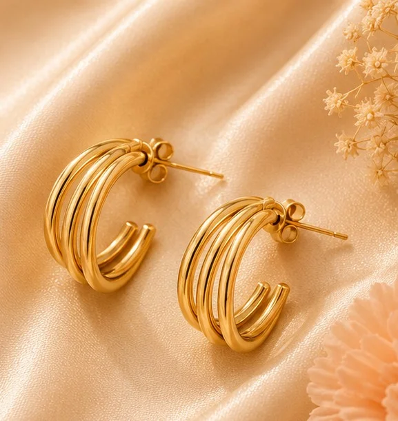Gold Triple-Strand C-Hoop Earrings