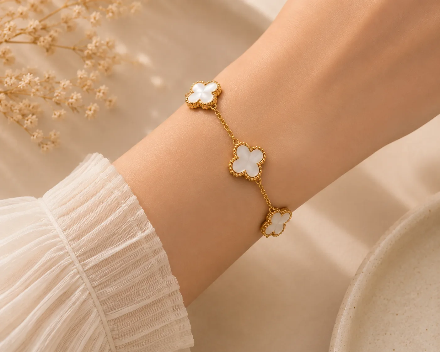 Lucky Four-Leaf Clover Bracelet - White Enamel
