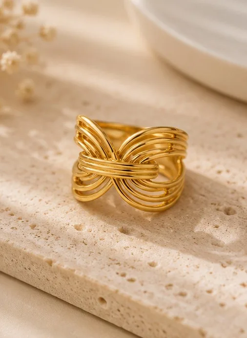Golden Fluid Wave Ring